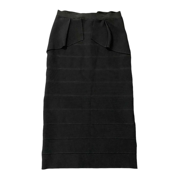 BEBE Black Bandage Peplum Pencil Skirt M High Waist Midi Glam Pinup Rockabilly - Picture 1 of 9